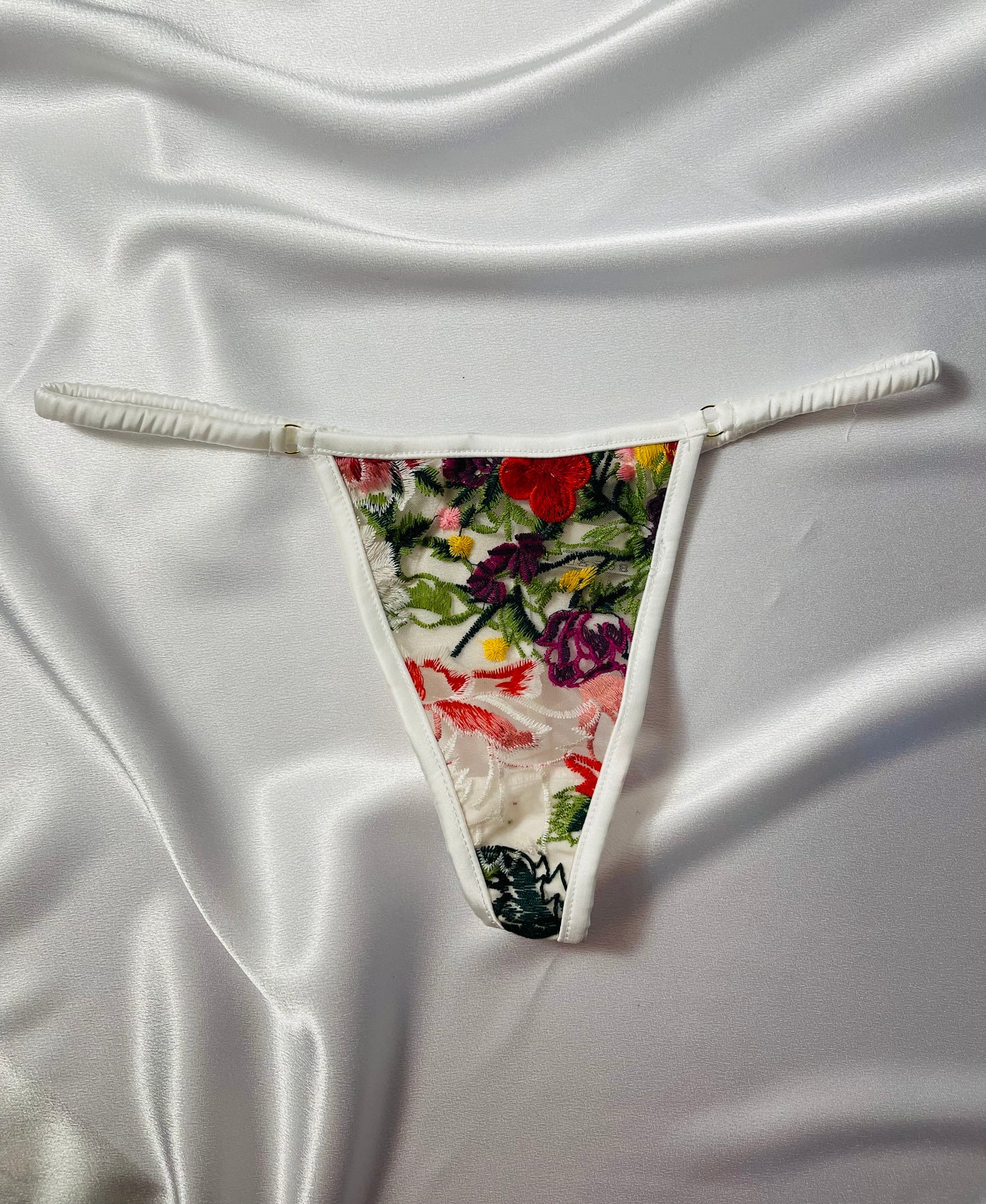 Embroidered Floral Triangle Bralette, Garter Belt, and G-String Set