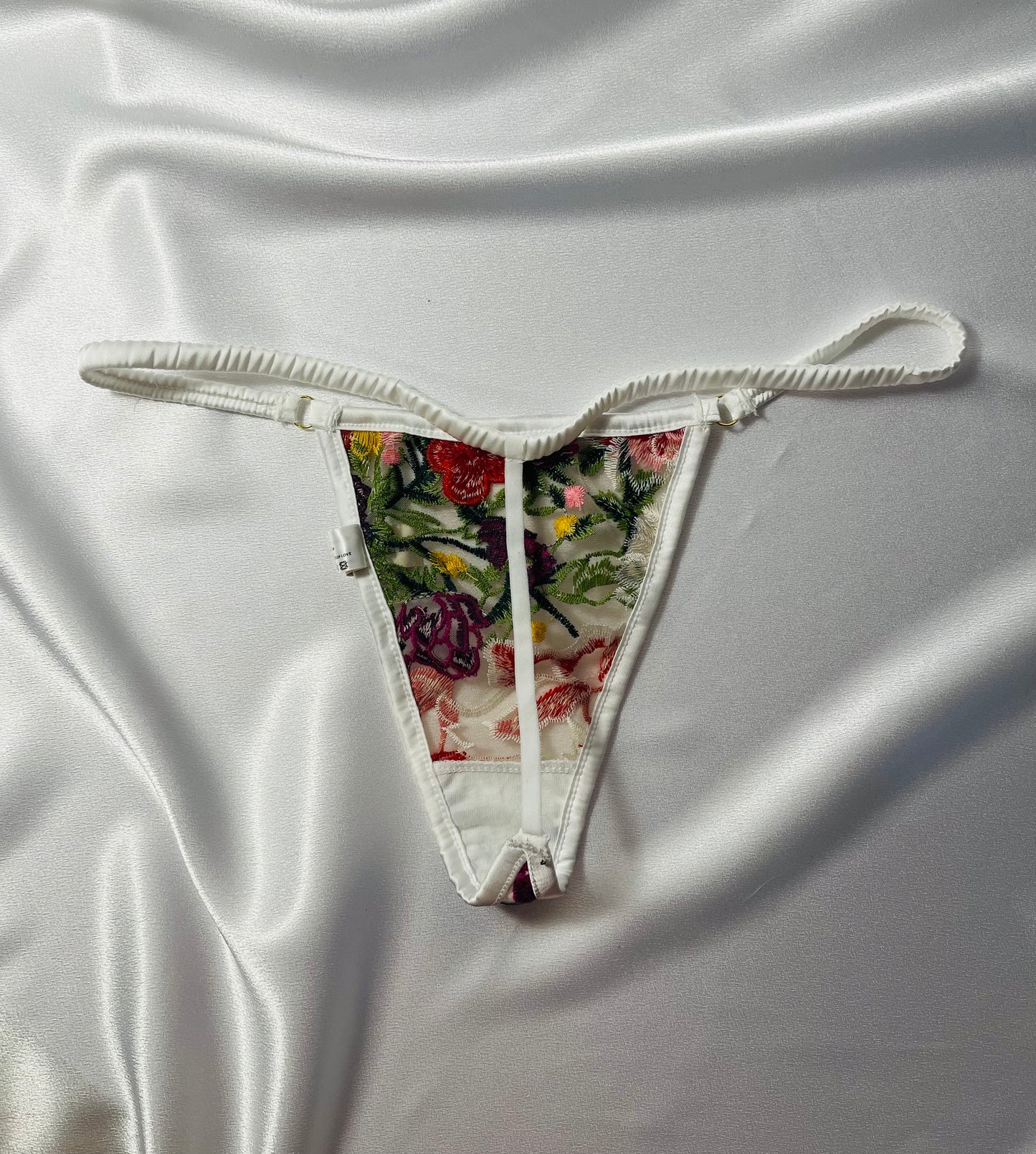 Embroidered Floral Triangle Bralette, Garter Belt, and G-String Set